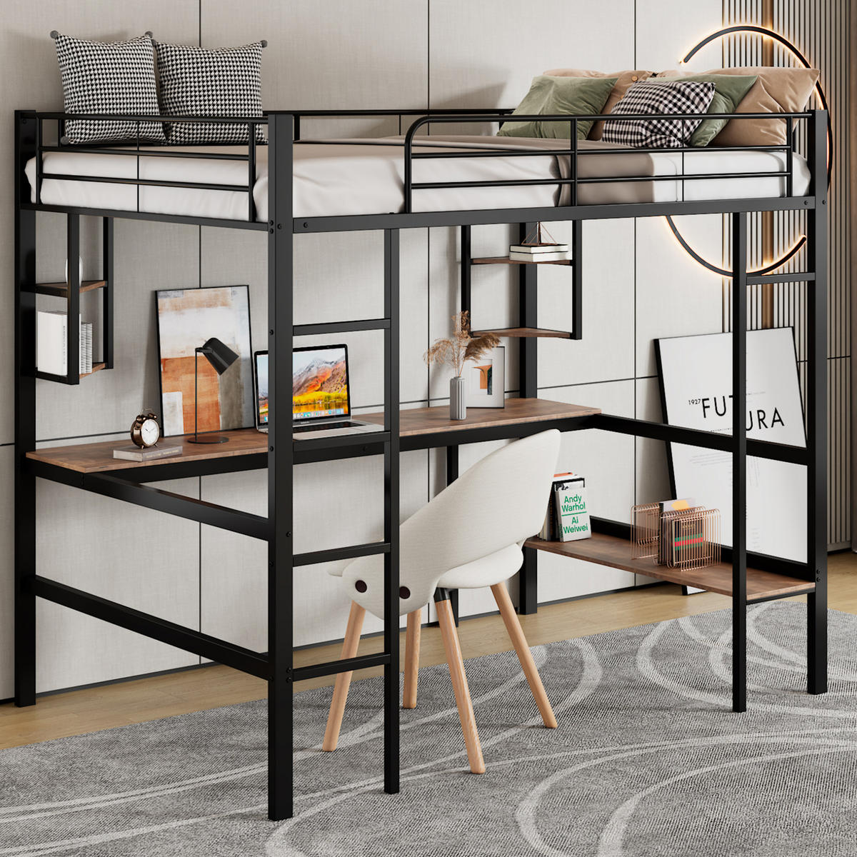 HOCHBETT 90/200 cm mit Schreibtisch, 4 Regalen und Bücherregal aus Metall, Schwarz - Schwarz, Metall (90/200cm) - Redom
