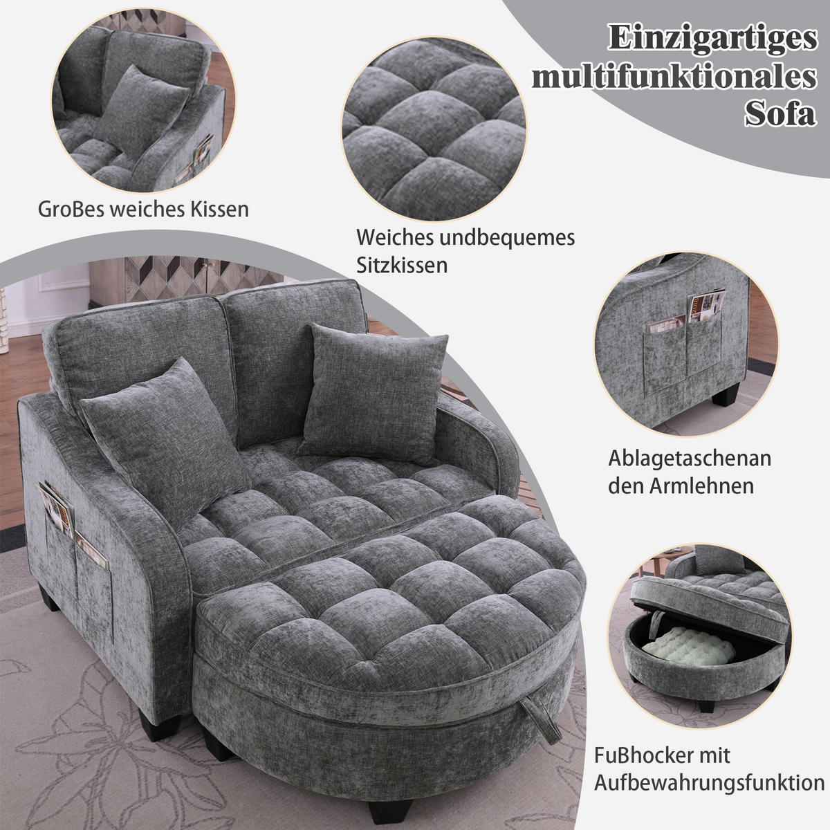 SCHLAFSOFA 2-in-1 mit Hocker und Stauraum, Dunkelgrau - Dunkelgrau, Holz (132/93/129cm)