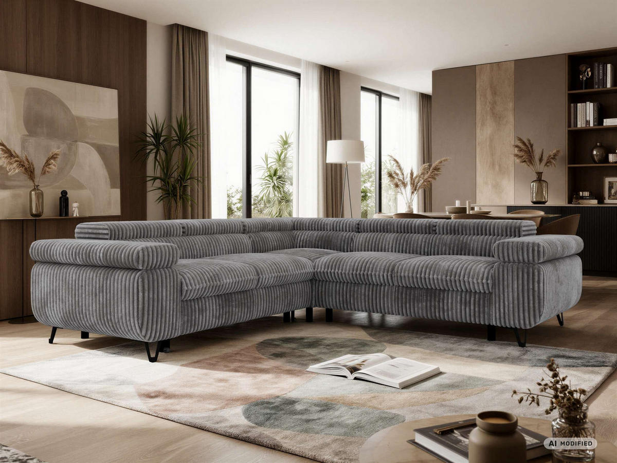 ECKSOFA QUADRO L - Grau Cord - Rechts Seite - Schwarz/Grau, Textil/Metall (269/269cm) - MKS