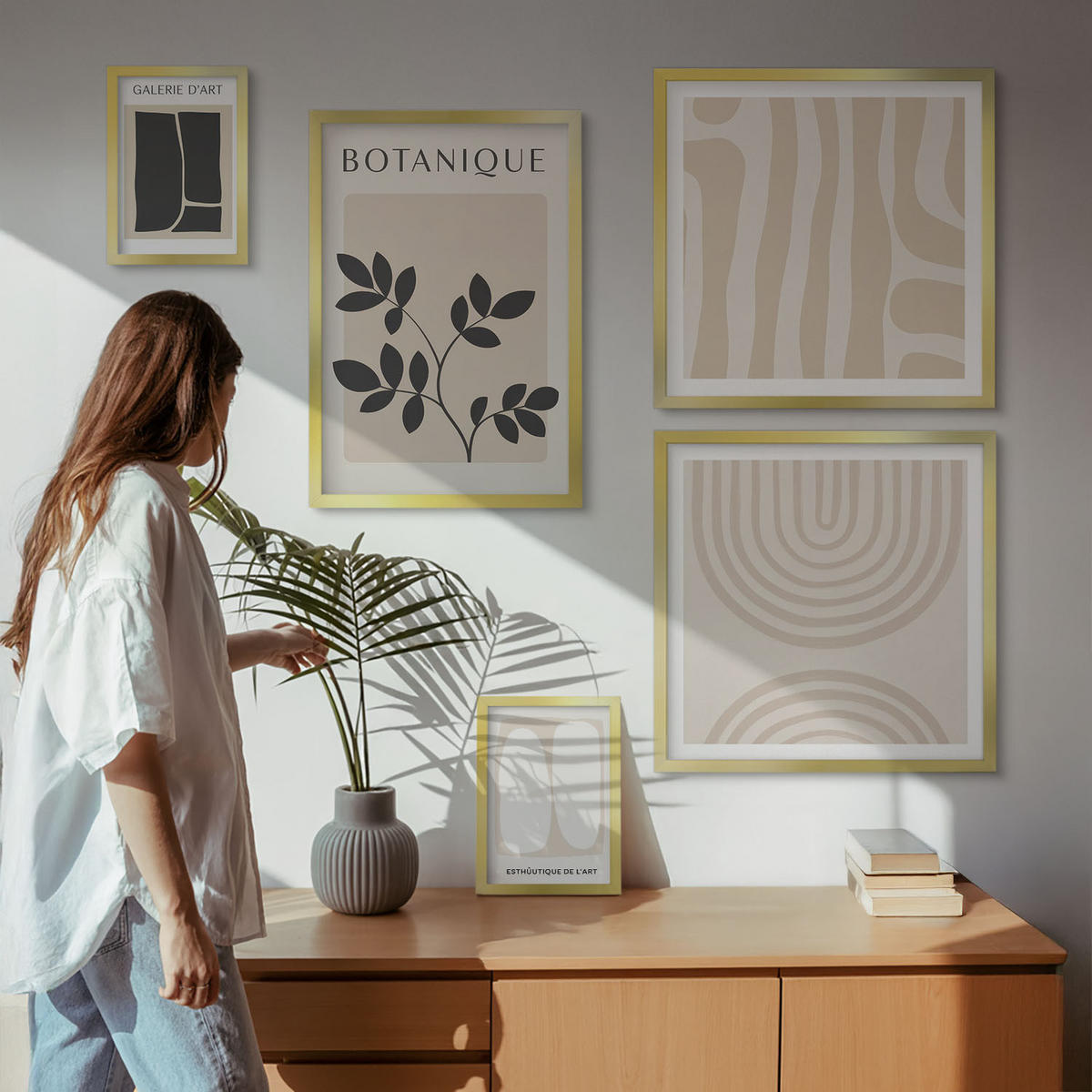WANDBILDER 5er Set - 50x50 cm & 20x30 cm & 40x60 cm Goldrahmen - Boho-Pflanzenposter - Goldfarben, Kunststoff (40/60cm) - ArtPrintCave