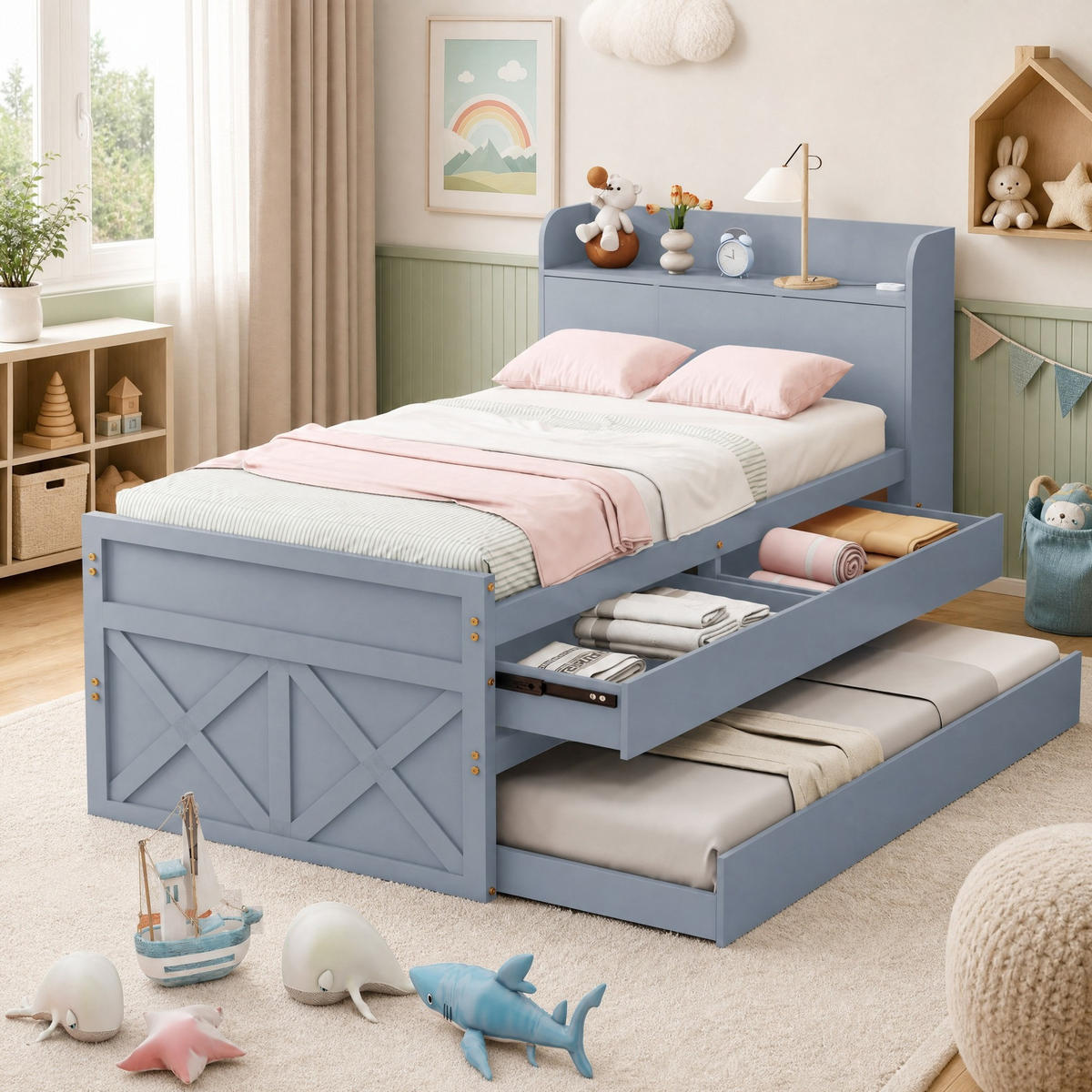 JUGENDBETT 90/190 mit Ausziehbett, Schubladen und USB-Anschluss in Grau - Grau, Holzwerkstoff (90/190cm) - EVRYAE
