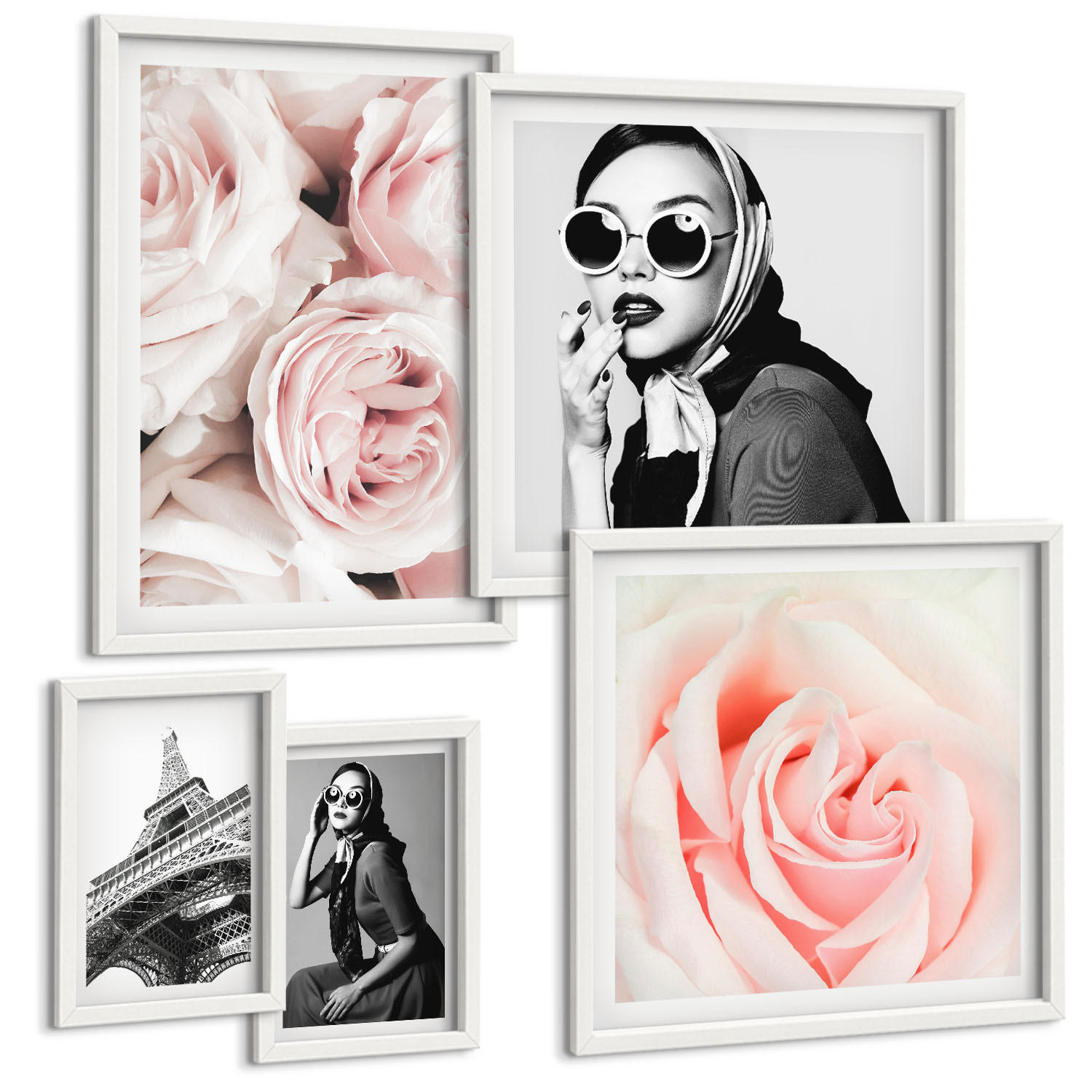 BILDER SET 5er Set - 50x50 cm & 20x30 cm & 40x60 cm Weißer Rahmen - Blumen, Pfingstrosen, Rosen, Eleganz - Weiß, Kunststoff (40/60cm) - TULUP