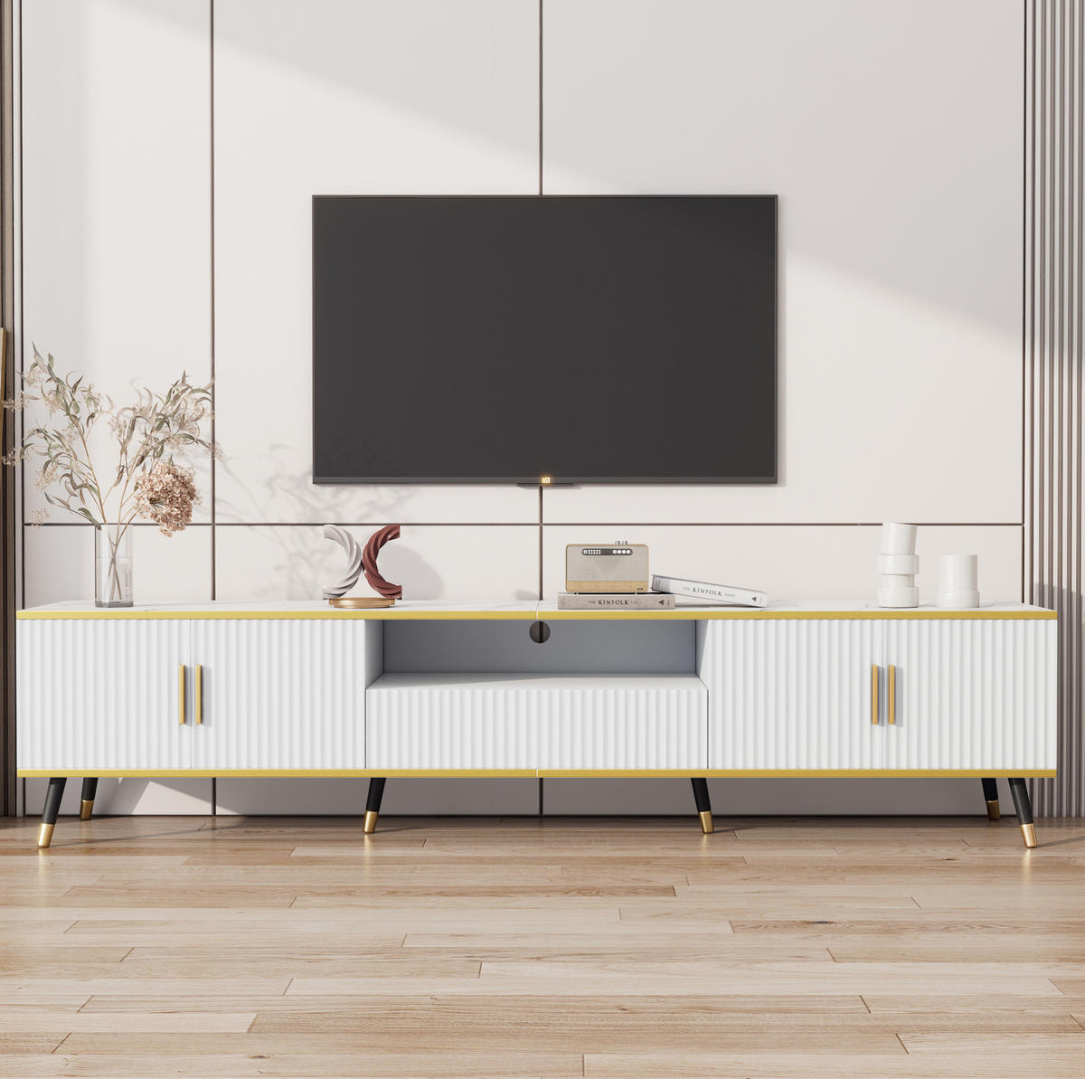TV-LOWBOARD aus Spanplatte 200x40x46 cm Weiß in Marmoroptik mit Stauraum - Weiß, Holzwerkstoff (200/46/40cm) - IVMEU