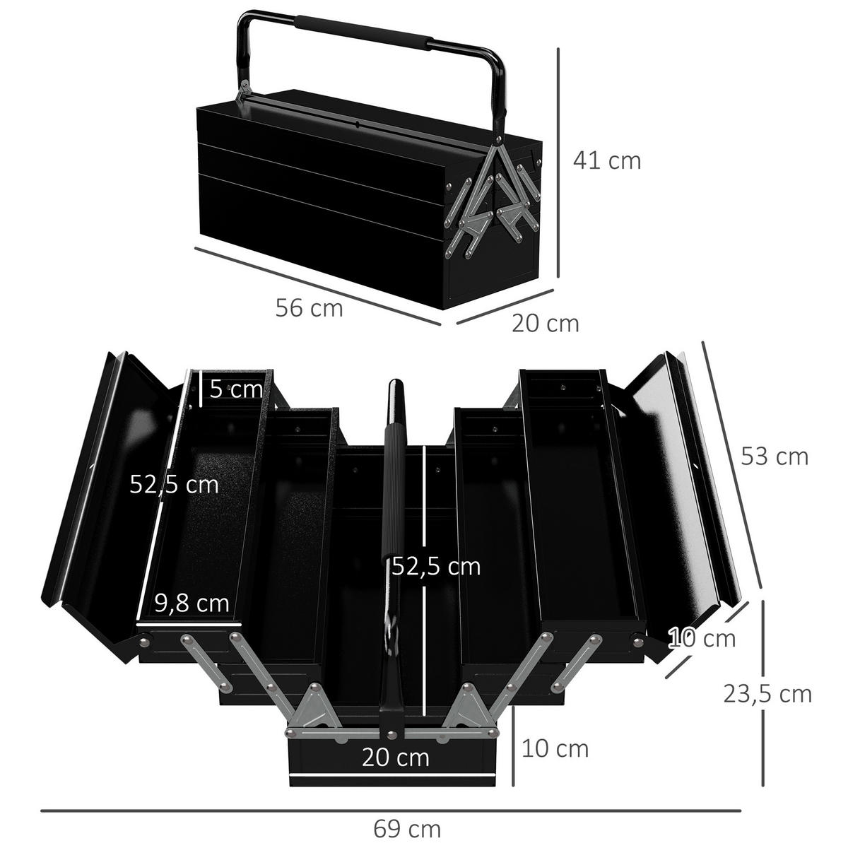 WERKZEUGKOFFER 5 Fächer aufklappbar, Schwarz 56 x 20 x 41 cm - Schwarz, Metall (56/41/20cm) - DURHAND
