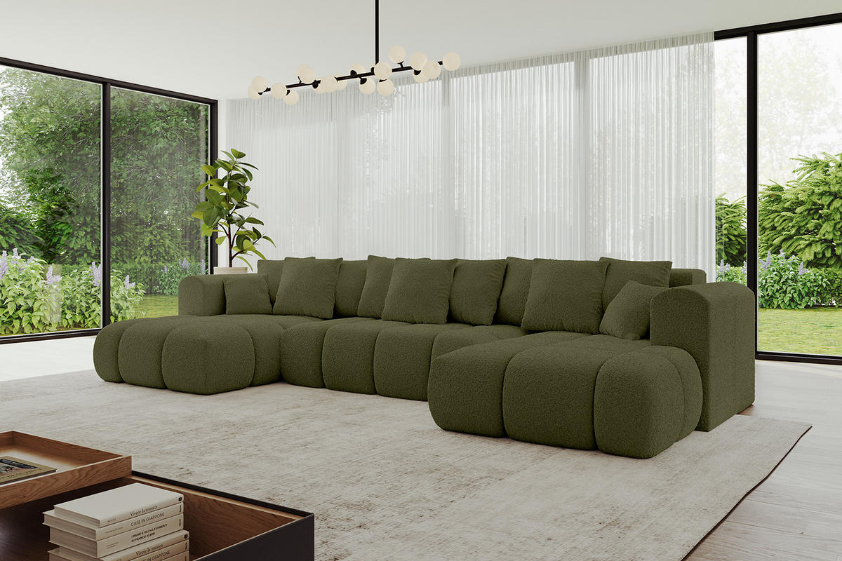 WOHNLANDSCHAFT Ottomane Links CLOUD-U-v1 414x180x40 Grün Bouclé - Grün, Holzwerkstoff/Kunststoff (414/90/180cm) - ALTDECOR