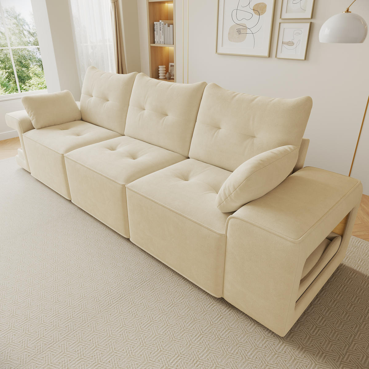 3-SITZER SOFA Samt Beige mit Stauraum und mit Kissen - Beige, Holzwerkstoff/Kunststoff (229.5/84/78cm) - WISHDOR