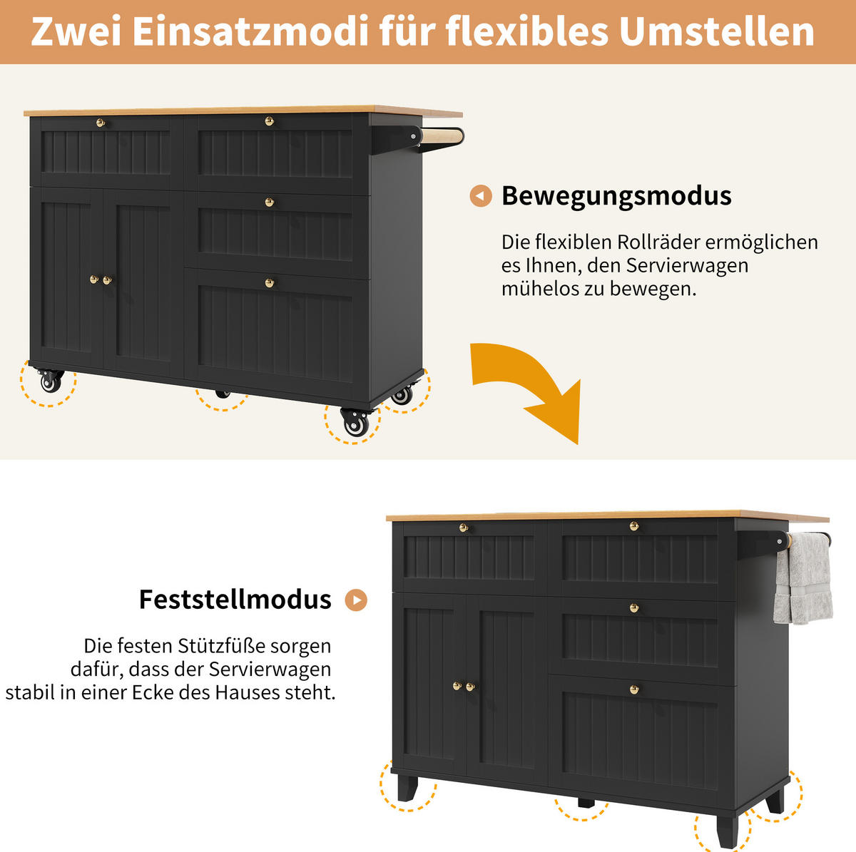 KÜCHENINSEL 133/37,3/88 cm schwarz aus MDF mit Rollen - Schwarz, Holzwerkstoff (133/88/37cm) - OKWISH