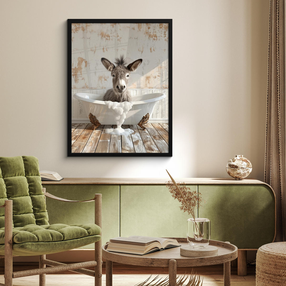 GERAHMTES BILD Esel - Tiere - Badewanne - Schaumstoff 60x80 cm - Weiß, Papier (60/80cm) - MuchoWow