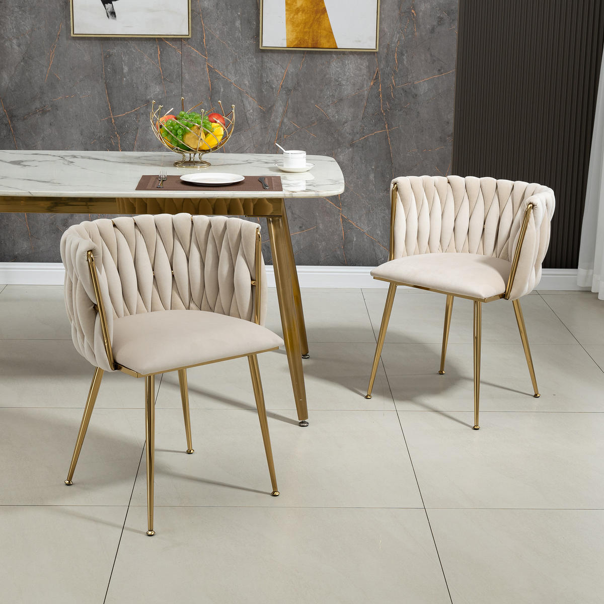 STUHL-SET 2 Stück Samt mit Goldbeinen, DE-42222, Elfenbein - Creme, Metall (41/74/55.5cm) - ComfortXL