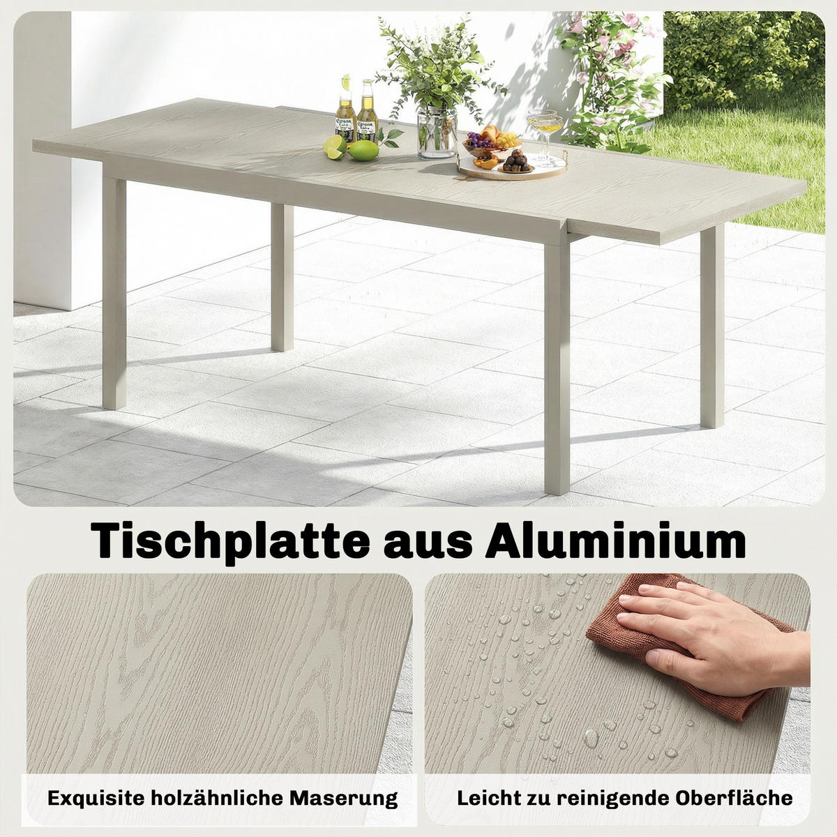 AUSZIEHBARER-GARTENTISCH Aluminium Stahl Hellgrau - Hellgrau, Metall (214/85/75cm) - Outsunny