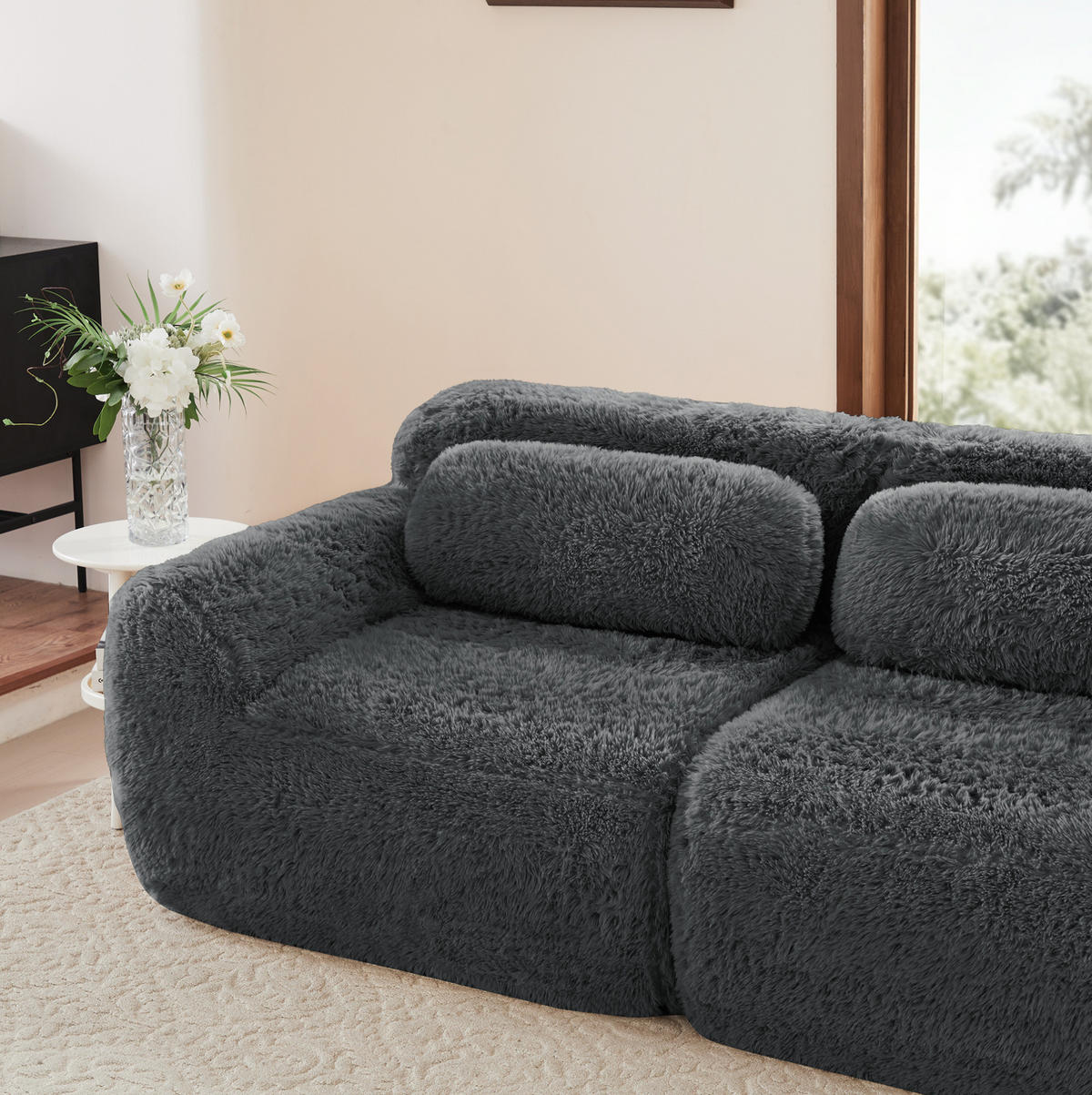 SOFA in Grau aus Plüsch, modular und rahmenlos mit Kissen - Grau, Textil (104/73/204cm) - Flora Grace