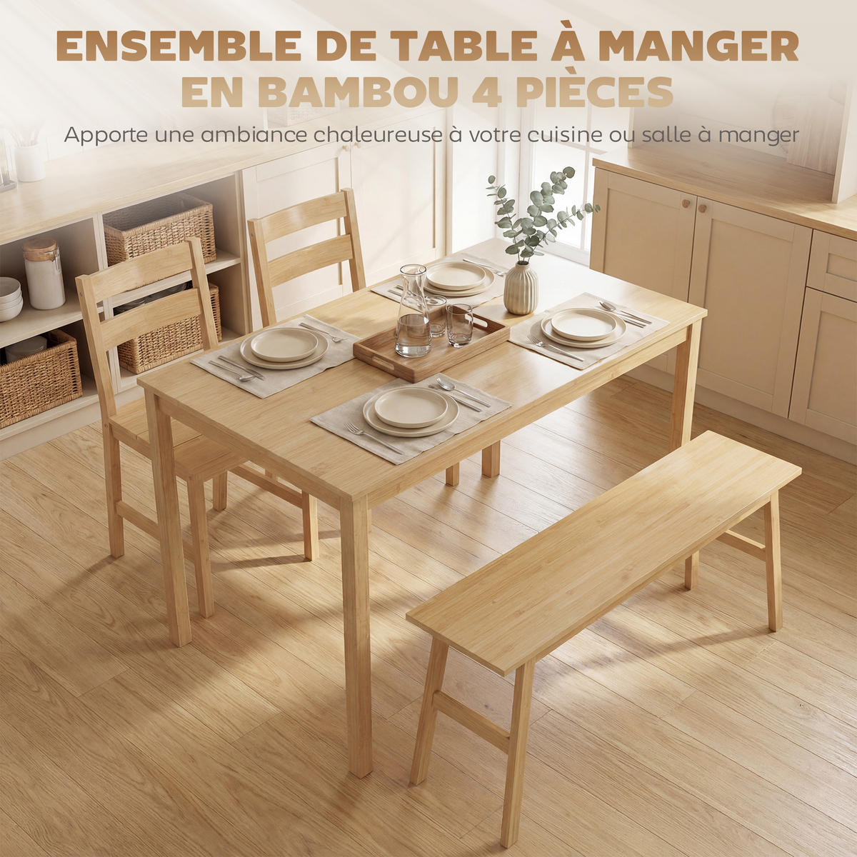 ESSGRUPPE aus Bambus, Esstisch mit 2 Stühlen und Bank für 4 Personen, Naturholz - Naturfarben, Holz (118/74/70cm)