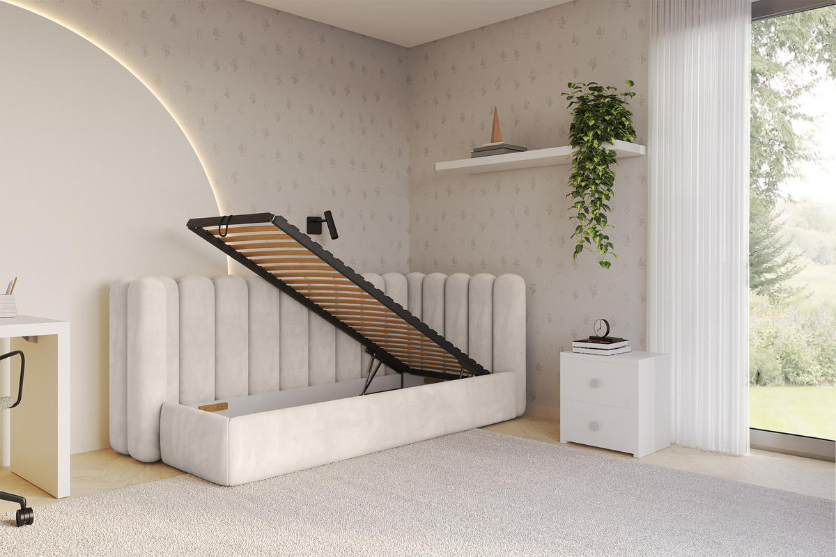 EINZELLBETT Jugendbett mit Bettkasten und Matratze H3/H4, Links - HUGY 100x200 Beige - Ecru, Holzwerkstoff/Textil (100/200cm) - ALTDECOR
