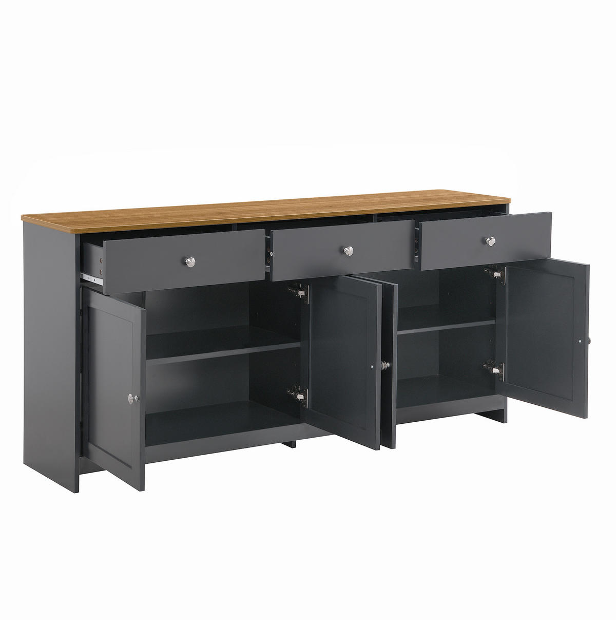 SIDEBOARD im Landhausstil aus MDF mit Holzplatte, 3 Schubladen und 4 Türen, 160/37/75 cm, grauschwarz und holzfarben - Grau, Holzwerkstoff (160/75/37cm) - Redom