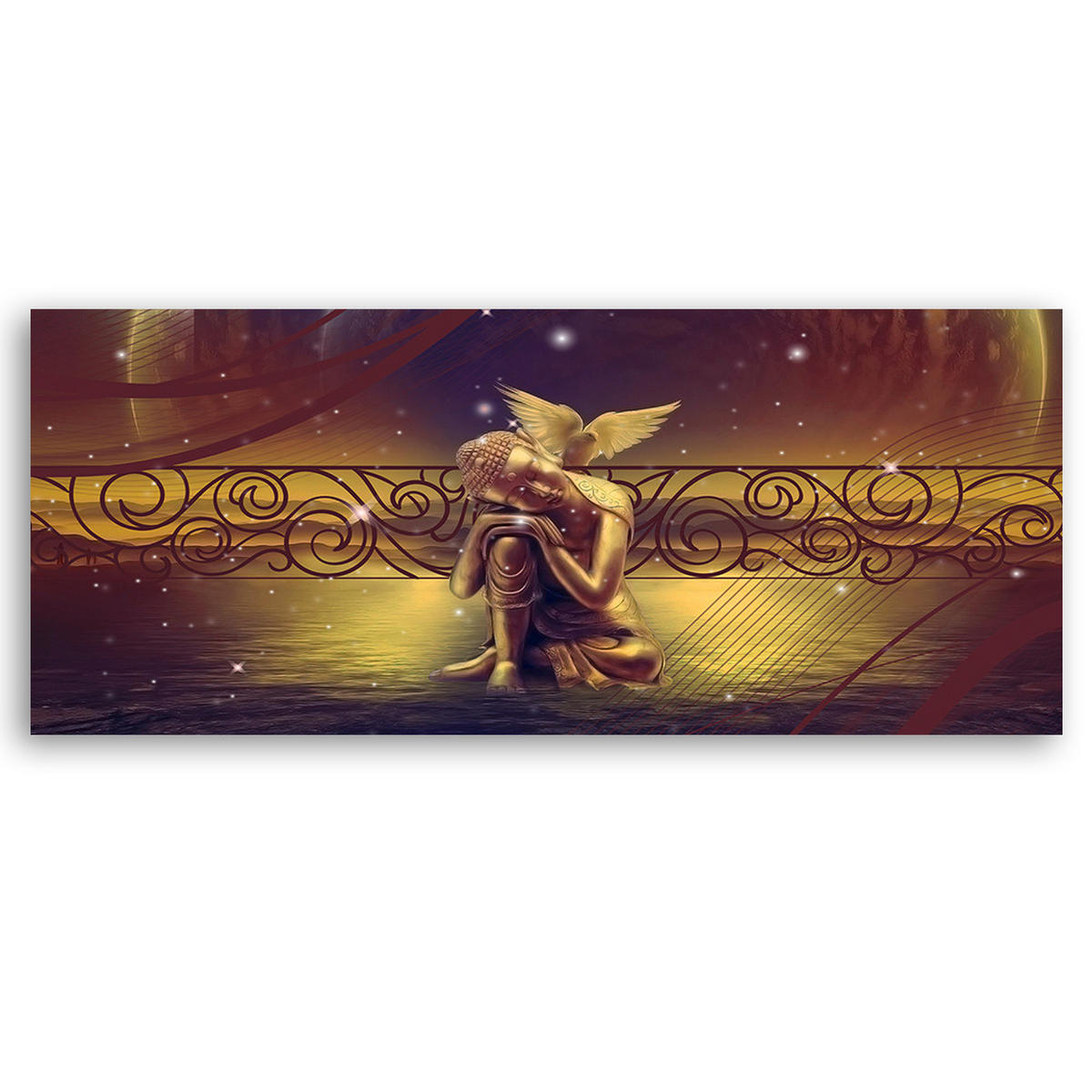 WANDBILD goldener buddha und vogel - Braun, Textil (90/30cm) - Feeby