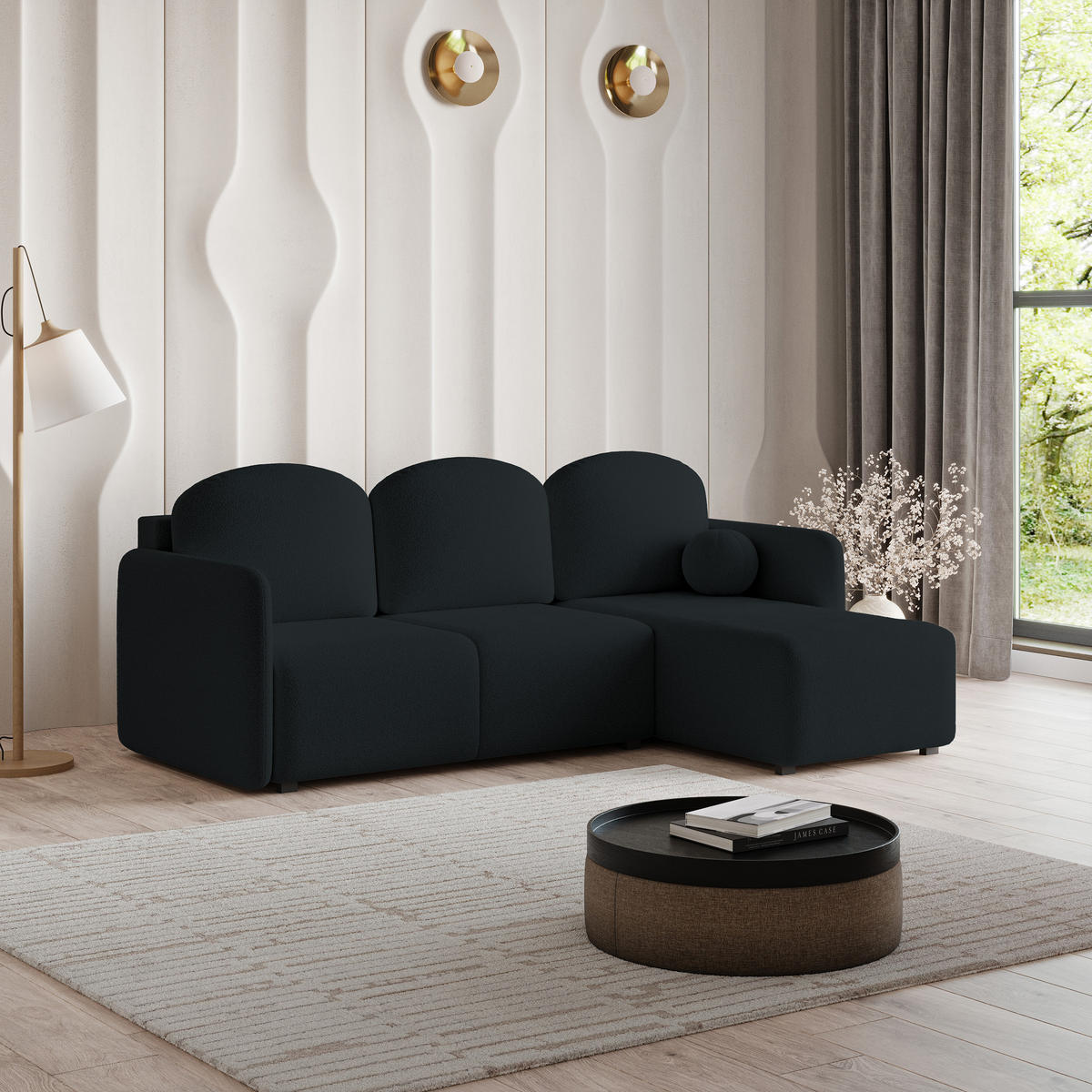 ECKSOFA SUVINO Schwarz Boucle-Stoff mit Schlaffunktion - Schwarz, Holz (230/143cm) - MASSENO