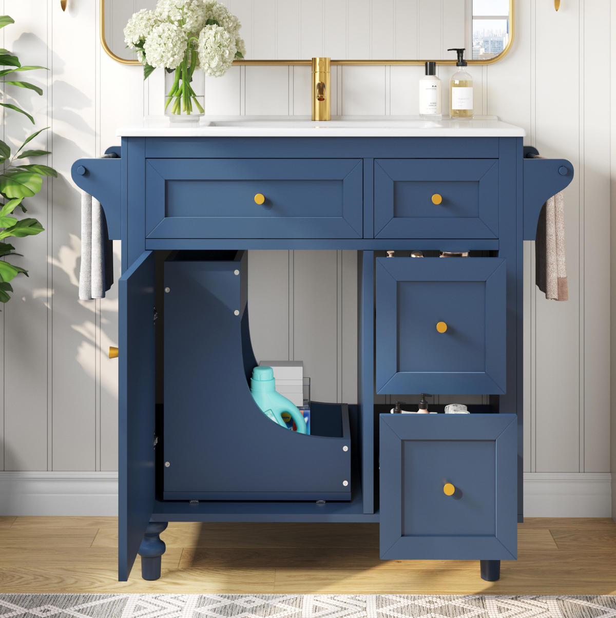 WASCHTISCHKOMBI 99,5/45/86 cm blau aus MDF mit Keramikbecken - Blau, Holzwerkstoff (99.5/86/45cm) - OKWISH