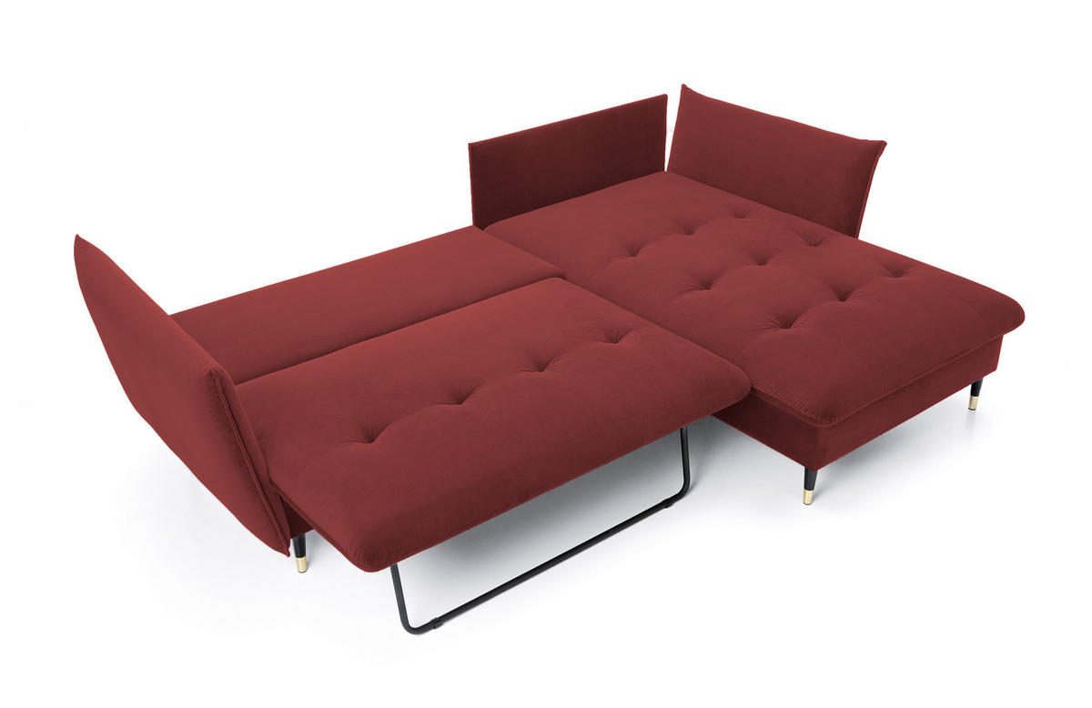 ECKSOFA GLAM mit Schlaffunktion, Ottomane & goldenen Füßen – Samtsofa im Glamour-Stil mit Zierkissen, 258x167x91 cm, rechte, burgunderrot​ - Bordeaux, Holz/Textil (258/167cm) - DomoHome
