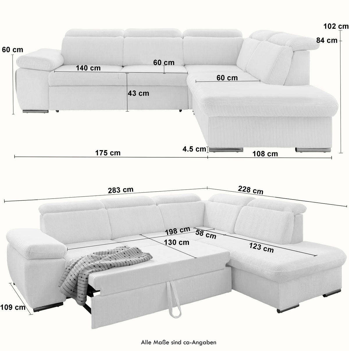 ECKSOFA mit Schlaffunktion, Bettkasten, Kopfstützen verstellbar, Wellenunterfederung, Ottomane rechts B283/T228/H102 cm, Cord Grau Anthrazit / 17217 - Chromfarben/Schieferfarben, Textil/Metall (283/228cm) - luma-home
