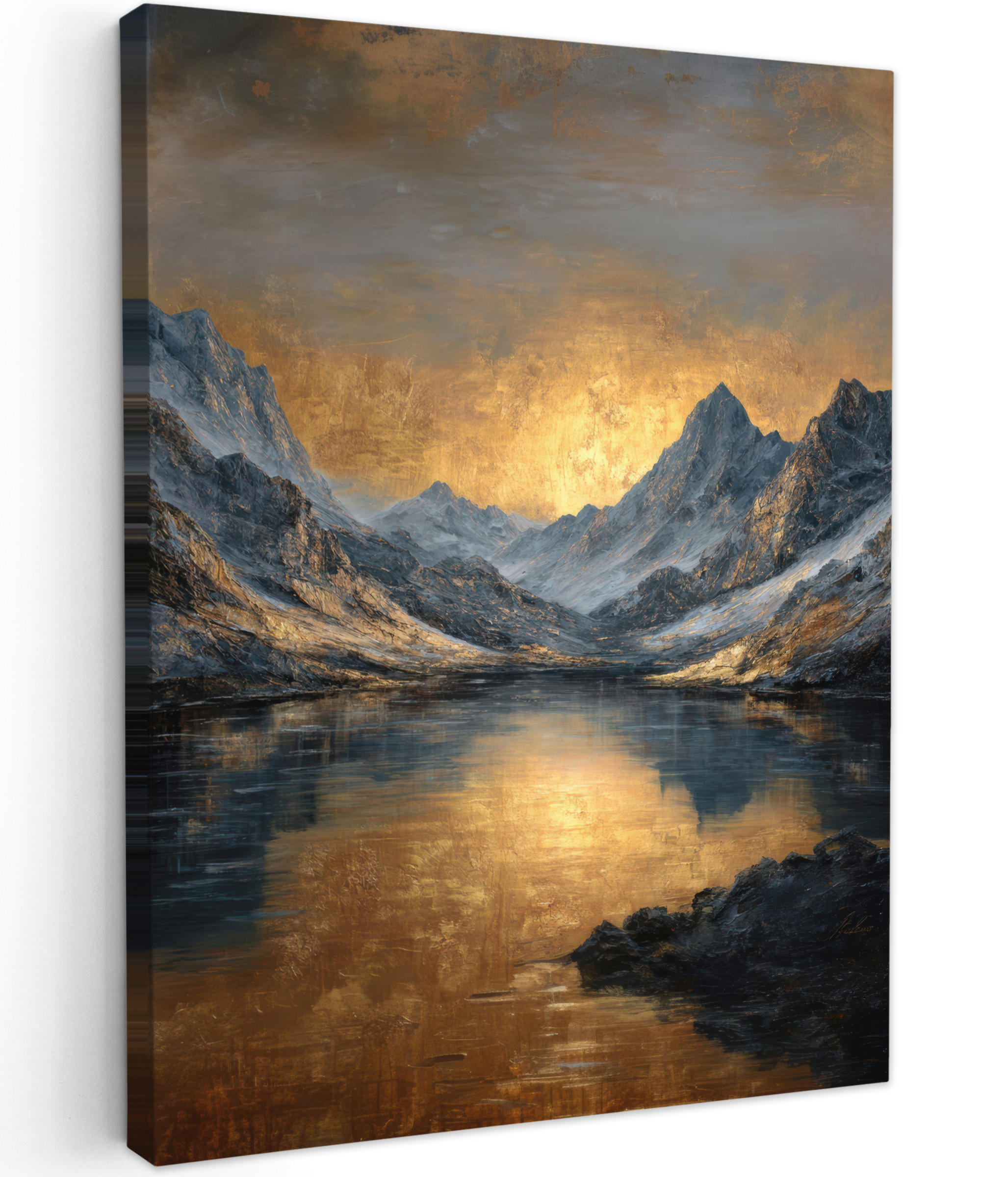 LEINWANDBILD Bergkulisse mit goldenem Sonnenuntergang Wandbild Wohnzimmer 60x80 cm - Goldfarben, Textil (60/80cm) - MuchoWow