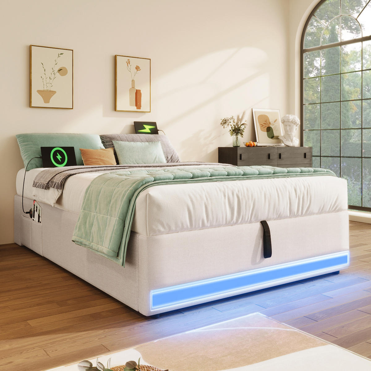 POLSTERBETT 90/200 cm Beige mit LED-Beleuchtung und USB- sowie Typ-C-Anschlüssen - Beige, Textil (90/200cm) - OKWISH