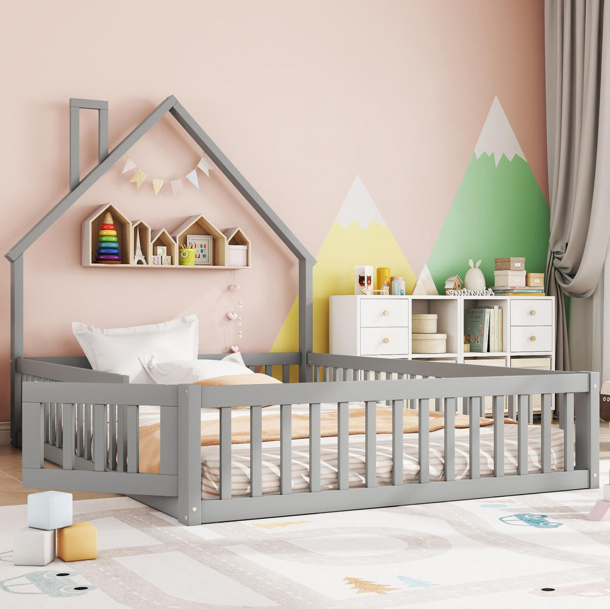 HAUSBETT 140/200 cm Grau aus Kiefernholz und MDF mit Sicherheitsgitter - Grau, Holz (140/200cm) - OKMYHOME