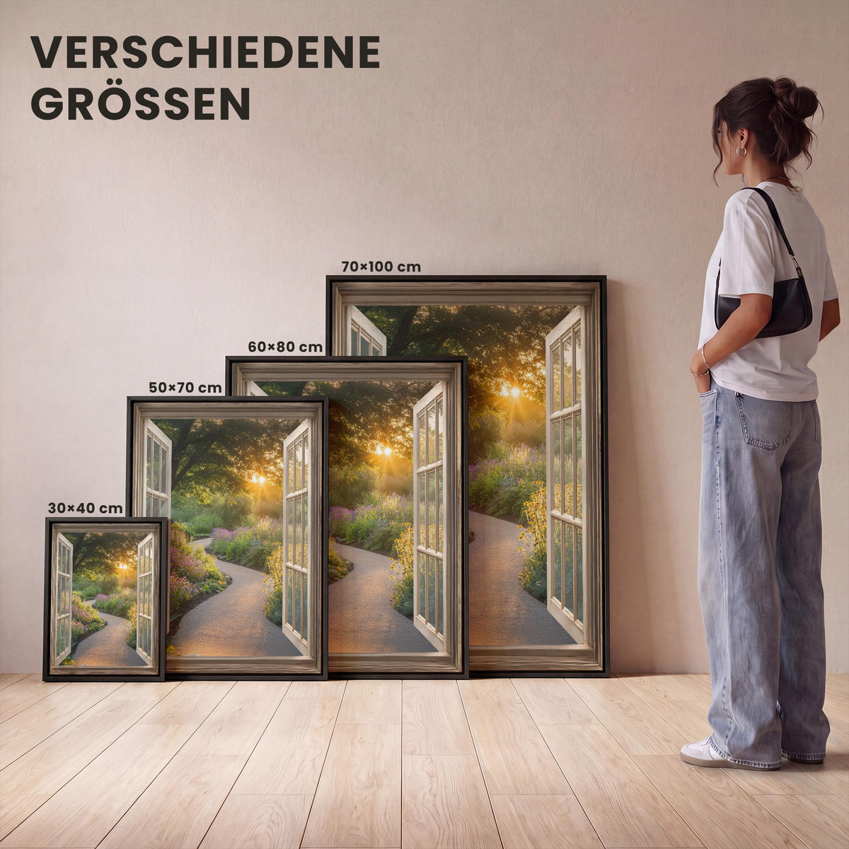 LEINWAND Bilder mit Rahmen - Aussicht - Blumen - Natur - Sonne - Weg - 60x80 - Hellgelb, Textil (60/80cm) - MuchoWow