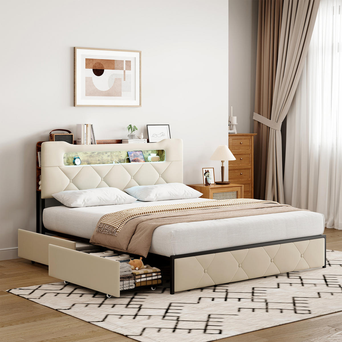 STAURUMBETT 160X200CM SAMT BEIGE LED KOPFTEIL 4 SCHUBLADEN - Beige, Holzwerkstoff - SHOPENTRA