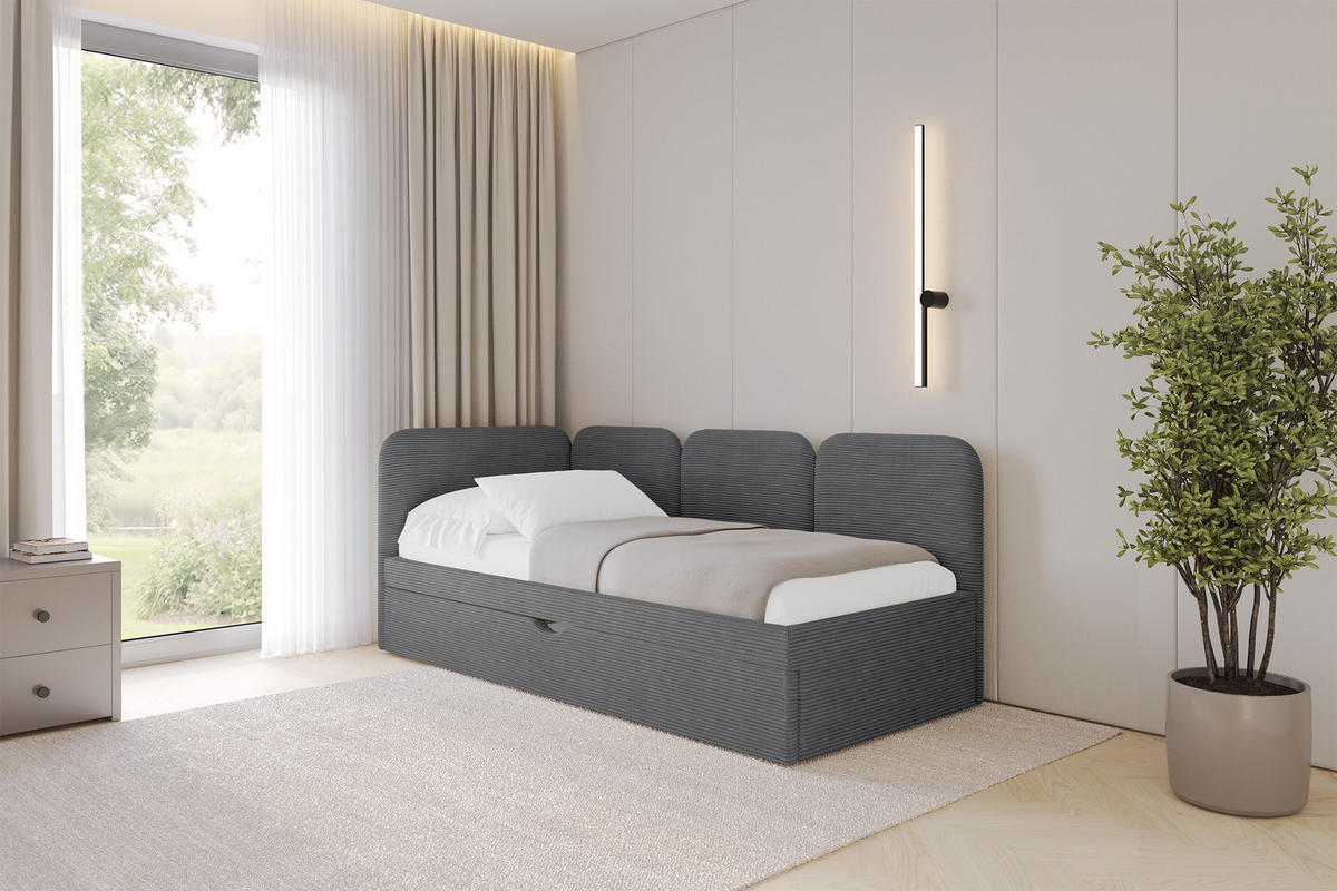 EINZELLBETT Jugendbett mit Bettkasten, Rechts - ALVY 80x200 Dunkelgrau - Schieferfarben, Holzwerkstoff/Textil (80/200cm) - ALTDECOR