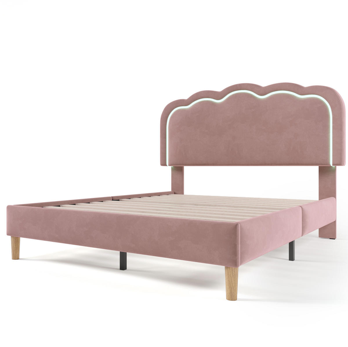 TAPECIRANI krevet 140/200 cm ružičasti od baršuna s LED uzglavljem i podesivim naslonom - pink, tekstil (140/200cm) - OKWISH