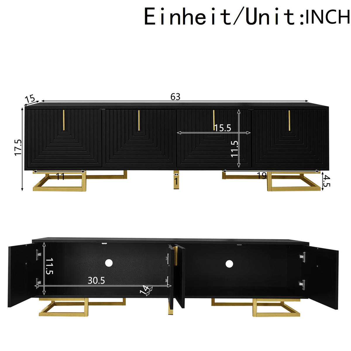 TV-LOWBOARD aus Spanplatte 160x38x44,5 cm Schwarz mit 4 Türen, Stauraum und goldfarbenen Metallfüßen - Schwarz, Holzwerkstoff (160/44.5/38cm) - IVMEU