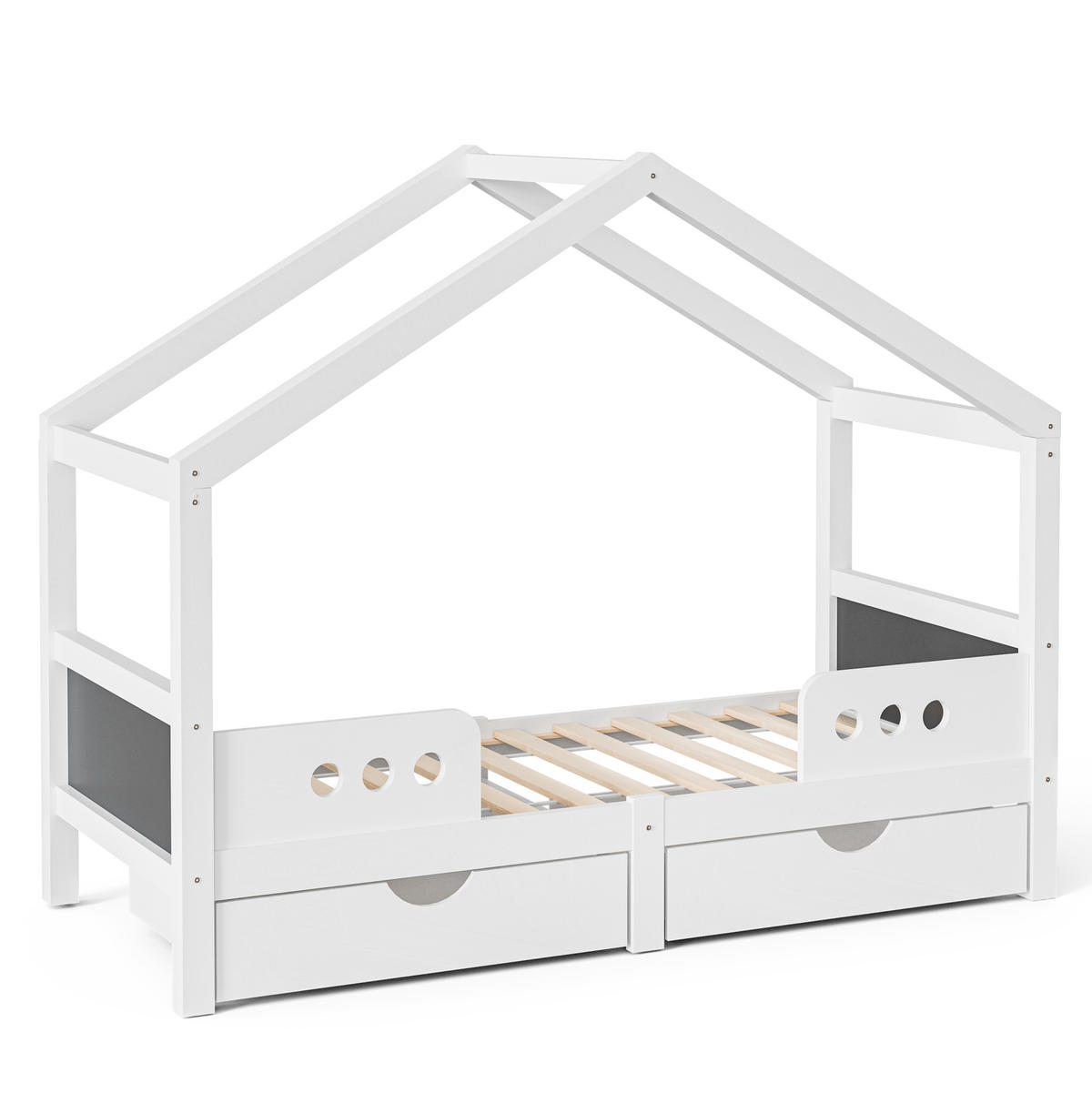 HAUSBETT mit Dachdesign 90/200 cm weiß mit 2 großen Schubladen - Weiß, Holz (90/200cm) - OKWISH