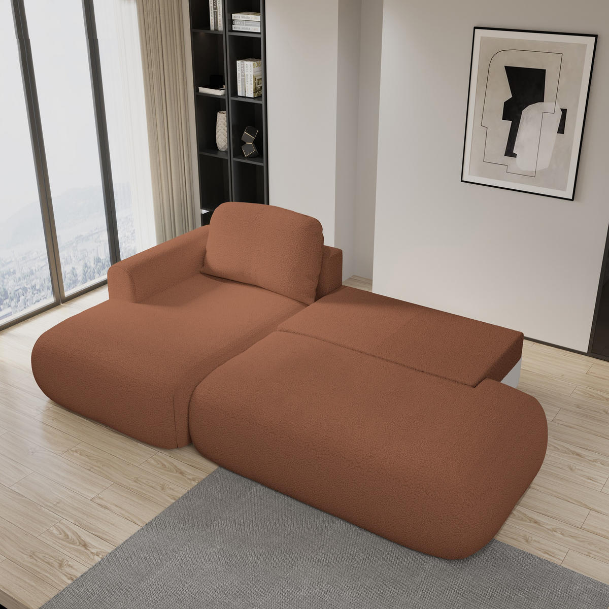 ECKSOFA NUVIRA L-S Kupferfarben Boucle-Stoff mit Schlaffunktion - Kupferfarben, Holz (274/165cm) - MASSENO