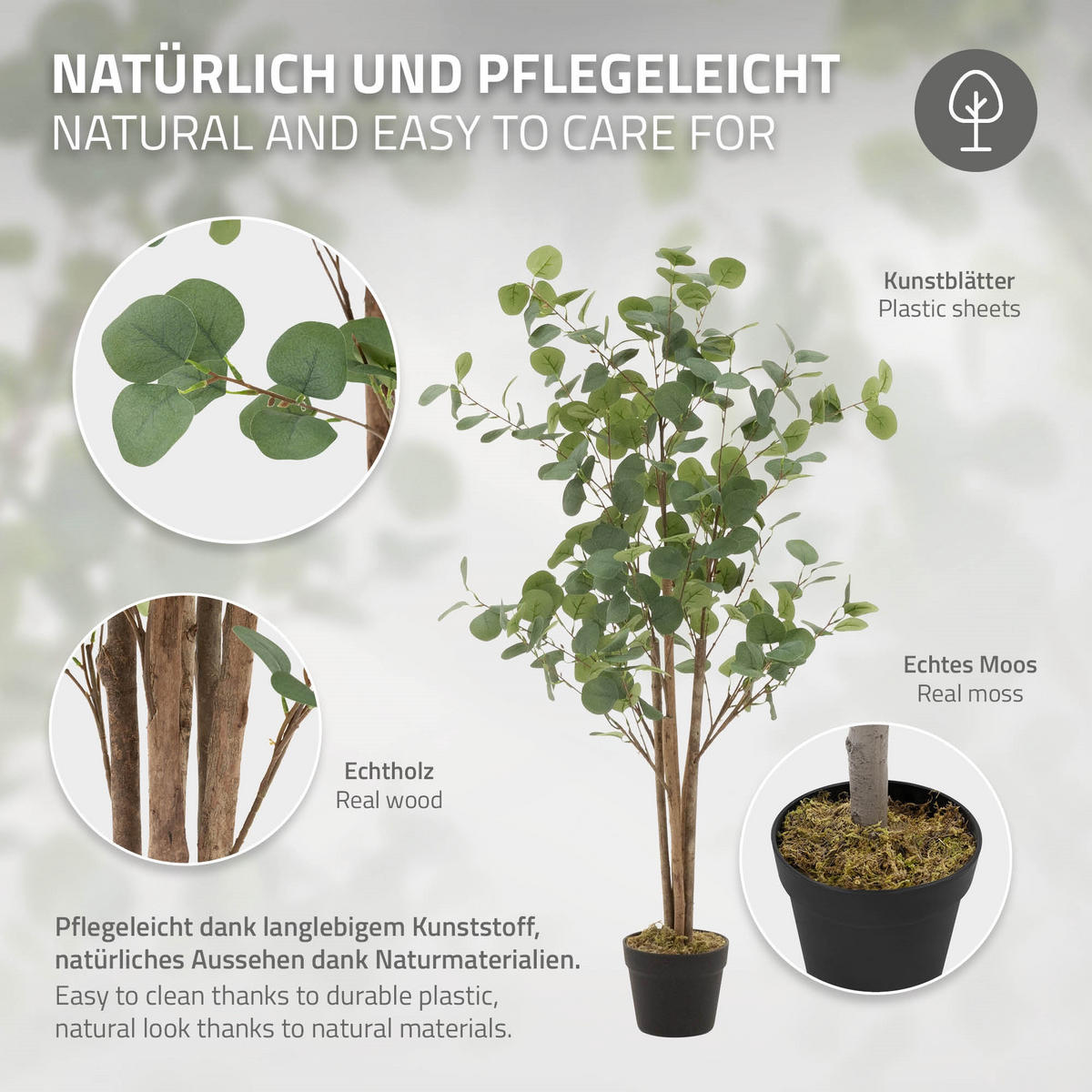 KUNSTPFLANZE Eukalyptus - Anthrazit/Grün, Holz/Kunststoff (120cm) - ML-DESIGN
