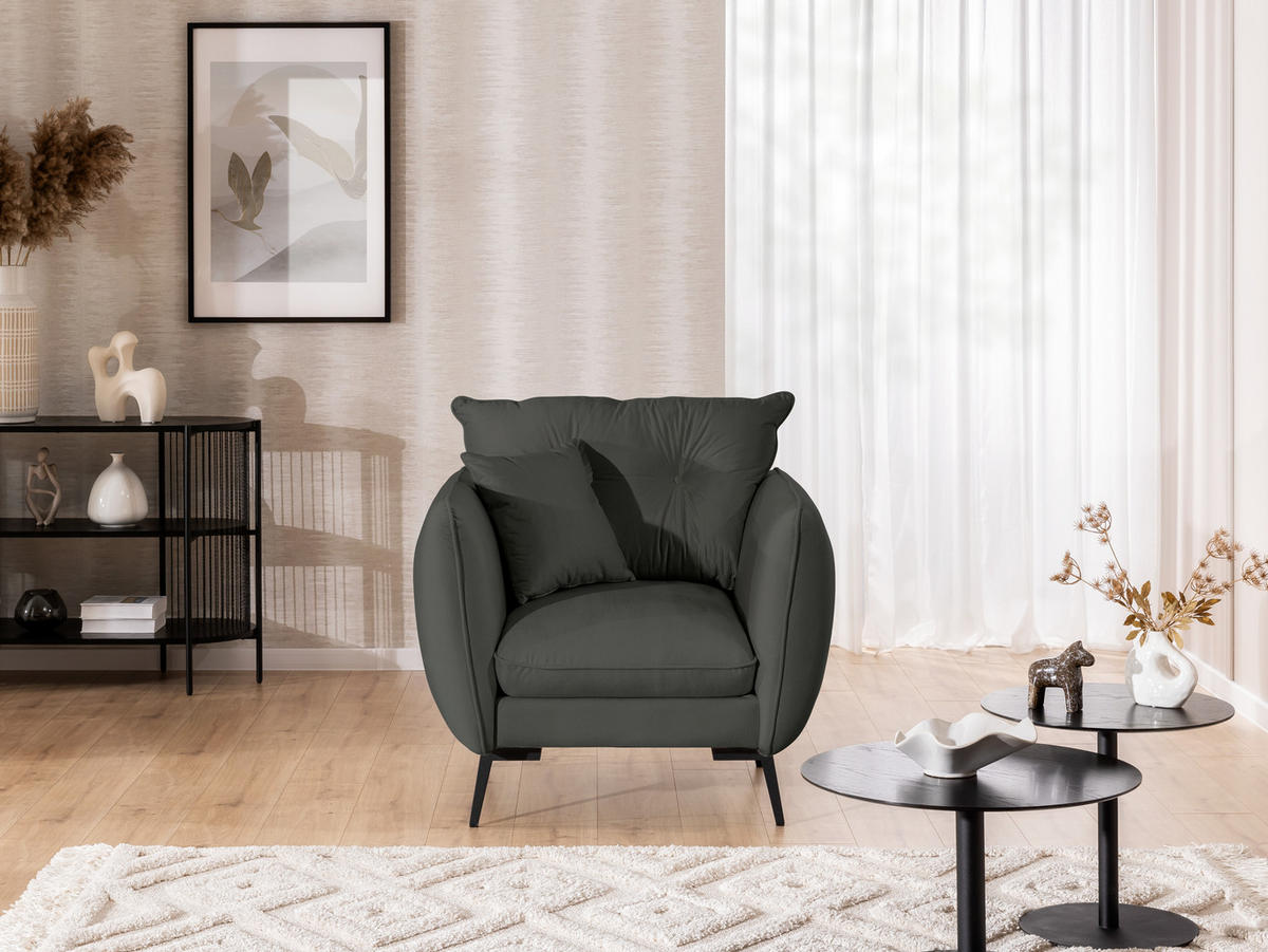 SITZGARNITUR 3+1 Nordloft Dunkelgrau Samt - Dunkelgrau/Schwarz, Holz/Textil (163/86/59cm) - S-Style Möbel