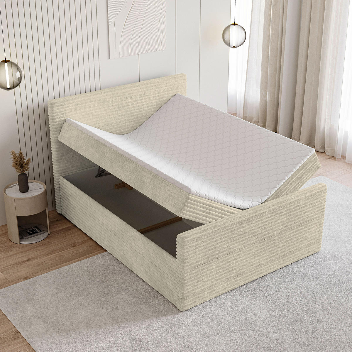 BOXBETT NOLEN 160x200 cm mit Matratze und Topper - Creme - Creme, Holz (160/200cm) - MASSENO