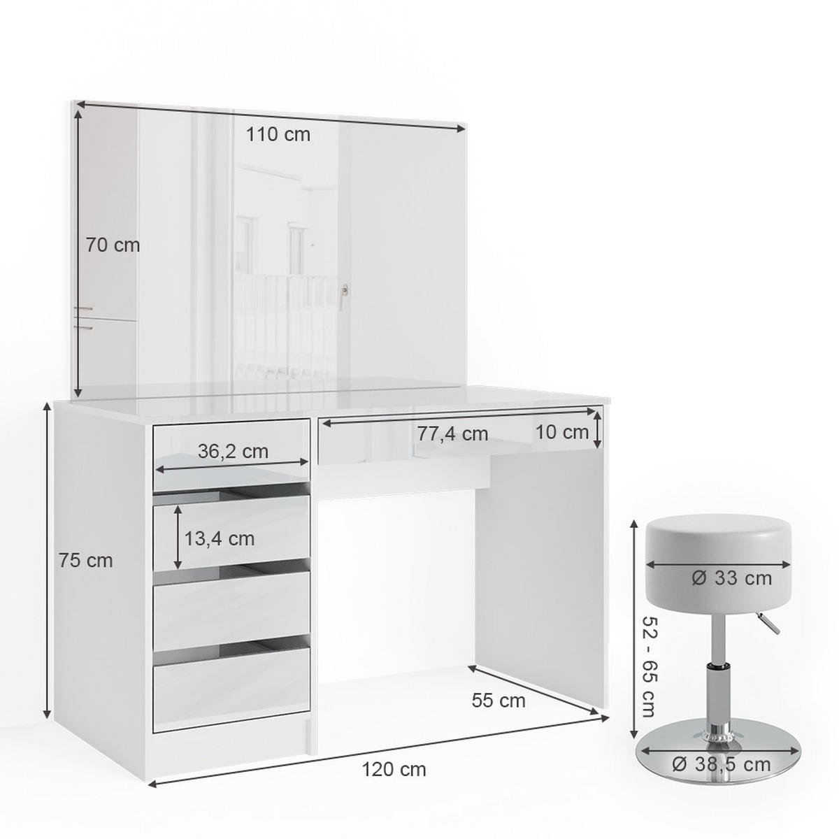 SCHMINKTISCH-SET Sherry Weiß 120 cm mit Hocker - Weiß, Holzwerkstoff (120/75/55cm) - Vicco