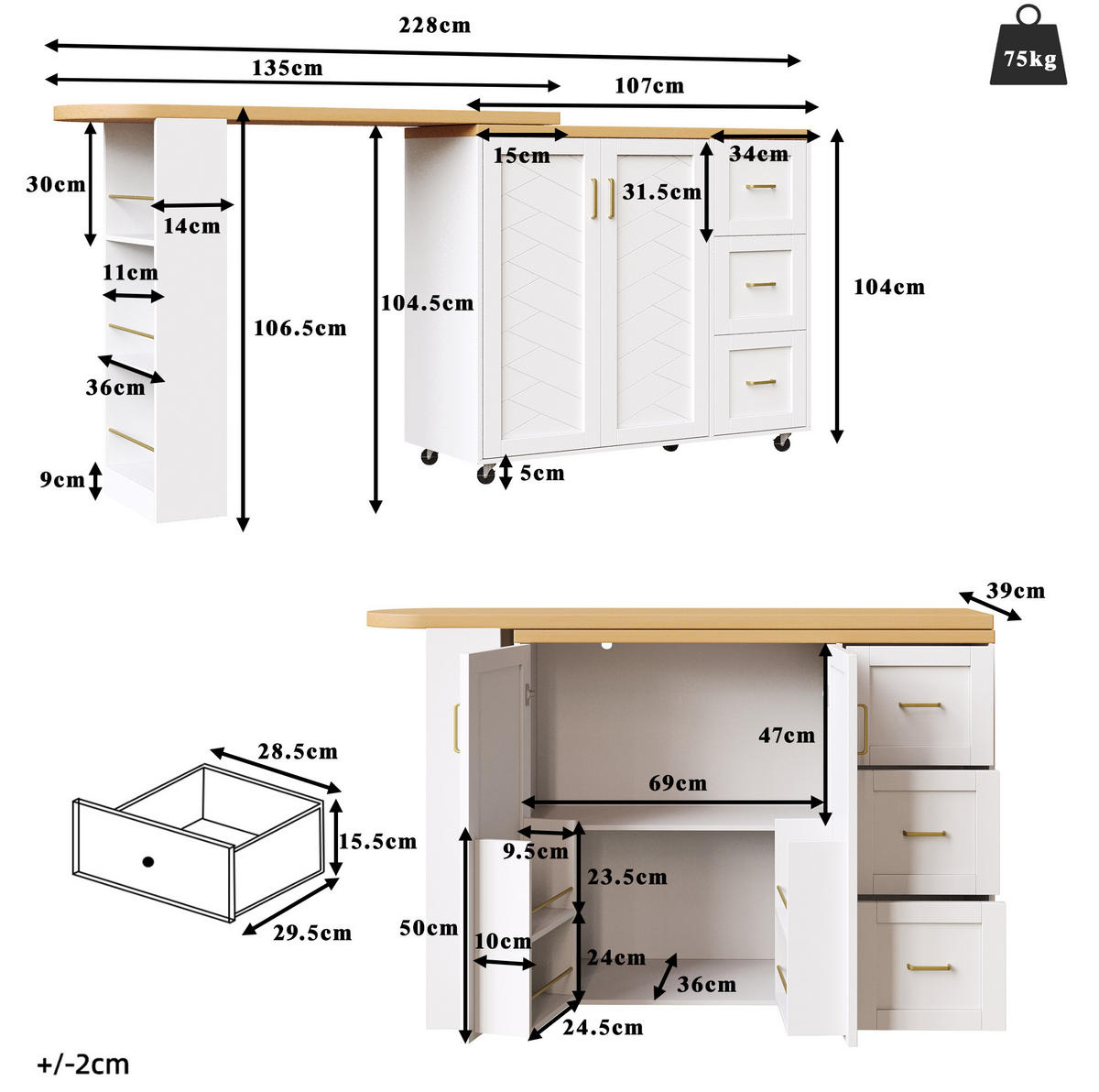 BARSCHRANK Barwagen ausziehbar mit Schrank, 3 Schubladen & Rollen, 135-228/39/104 cm, Weiß, - Weiß, Holzwerkstoff (39/104/135cm) - Redom