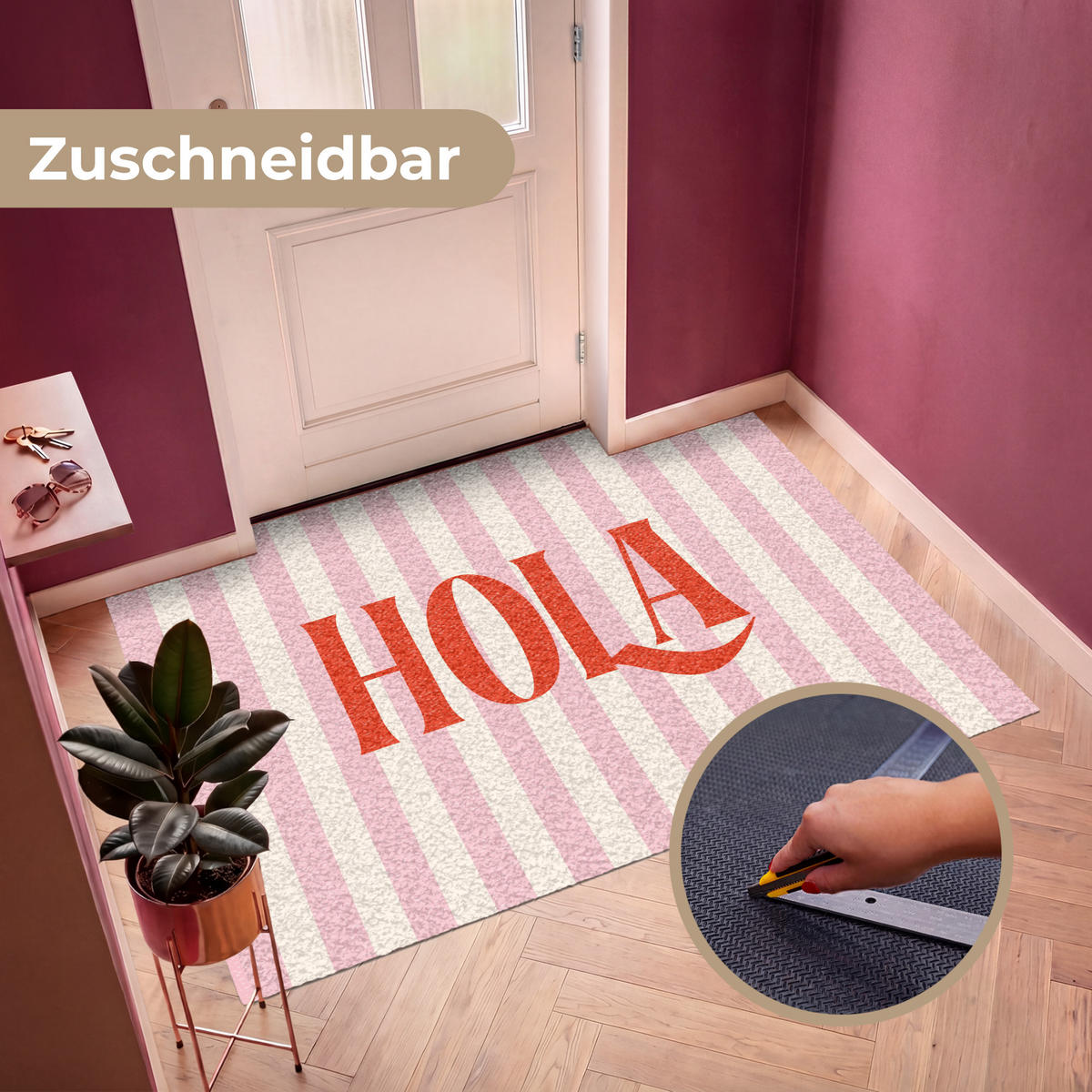 FUSSMATTE Hola - Zitat - Streifen - Pastell - Rosa - Rot - Weiß Schmutzfangmatte 180x120 cm - Rosa, Kunststoff (180/120cm) - MuchoWow