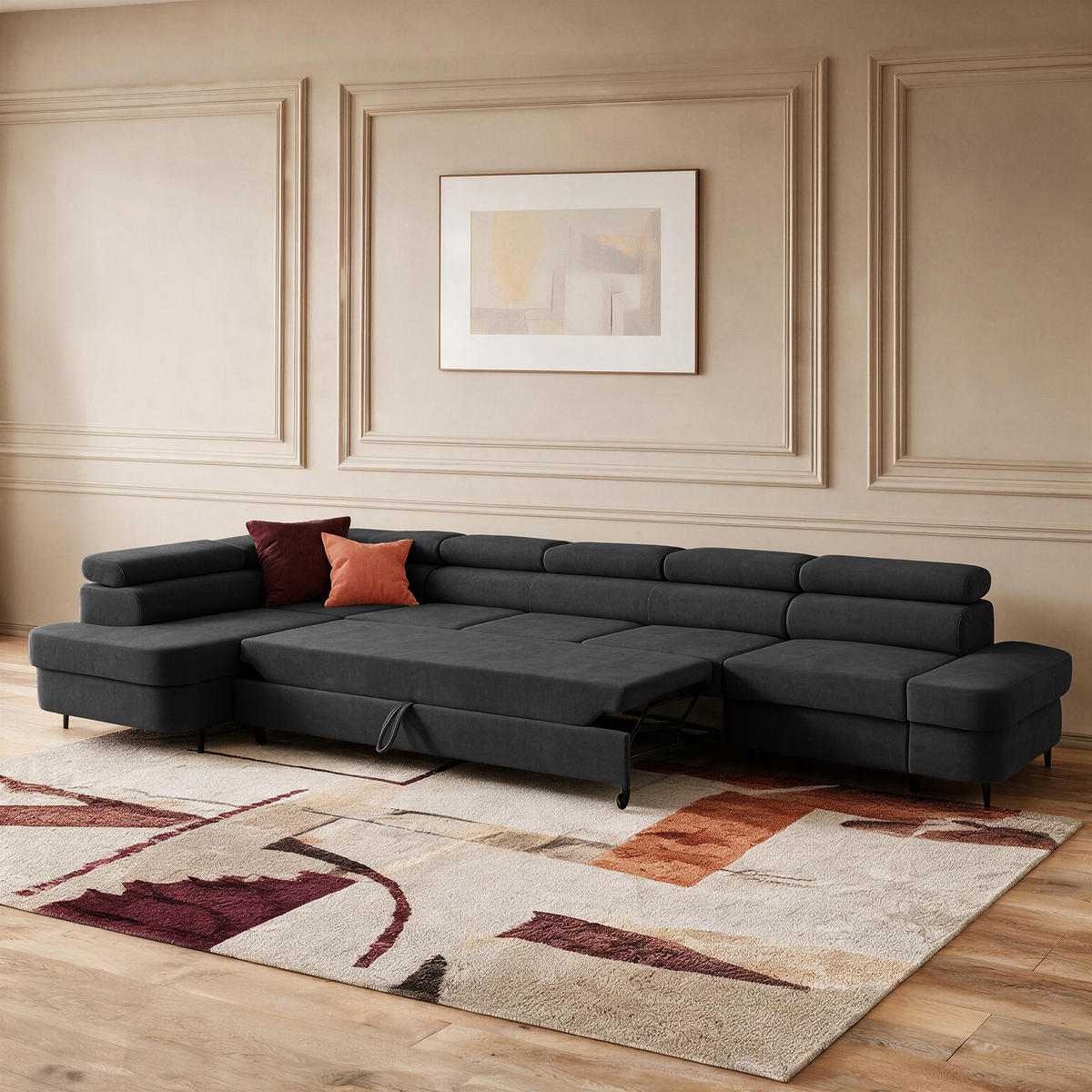 ECKSOFA PRIAM XXL L-Form Links mit Schlaffunktion 125x265 Velours Schwarz - Schwarz, Holz/Textil (203/420cm) - Muffo