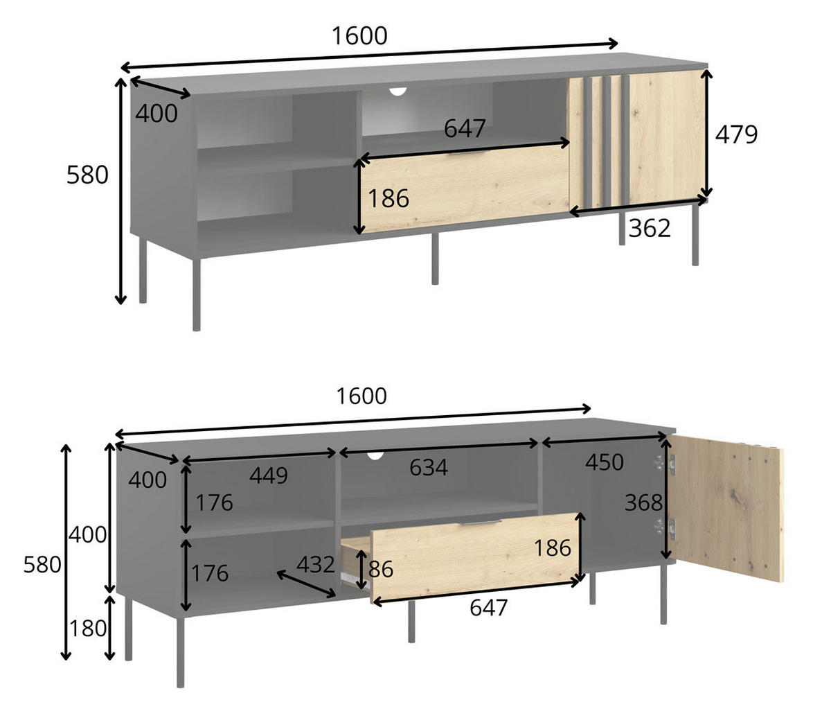 LOWBOARD Rodgau Schwarz / Eiche Artisan 160 / 40 / 58cm - Schwarz/Eiche Artisan, Holz/Holzwerkstoff (160/58/40cm) - Feldmann-Wohnen