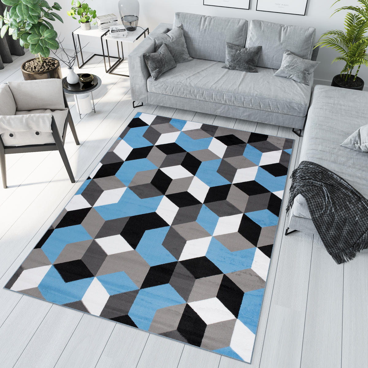TEPPICH MAYA Blau Geometrisch Gitter Figuren 140/200 cm - Blau, Textil (140/200cm) - Tapiso