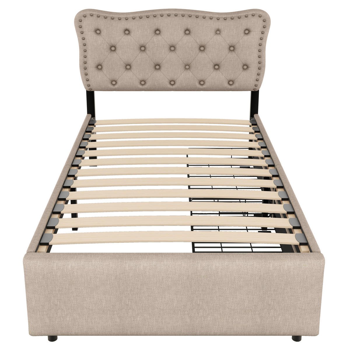 POLSTERBETT 90/200 cm dunkelbeige mit Schubladen und dekorativen Nieten - Beige, Textil (90/200cm) - OKWISH