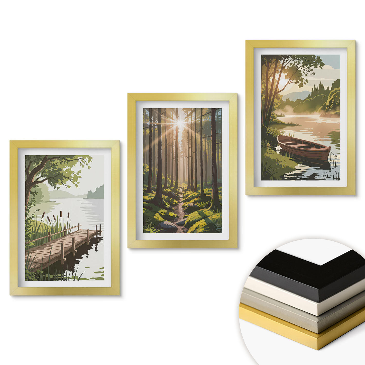 WANDBILDER 3er Set - 20x30 cm Goldrahmen - Landschaft aus Wald, See und Boot - Goldfarben, Kunststoff (20/30cm) - ArtPrintCave
