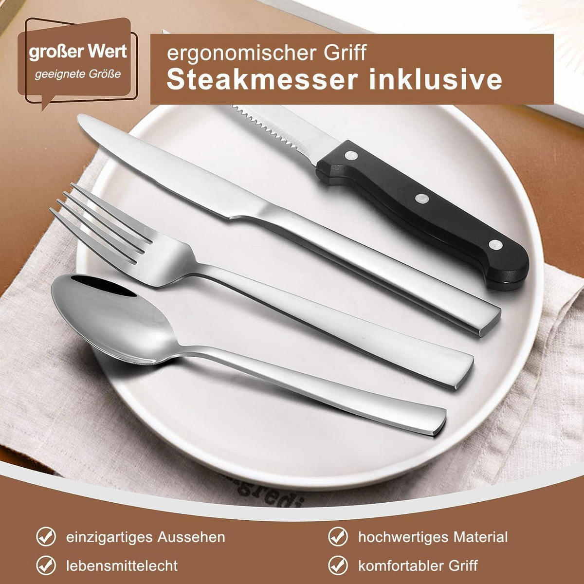 BESTECKSET 36-teiliges Set für 6 Personen Edelstahl mit Steakmessern - Silberfarben, Metall