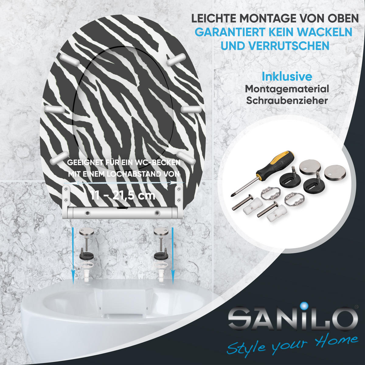 WC-SITZ mit Absenkautomatik & Top Fix Zebra Look - Schwarz, Holzwerkstoff (37.7/5.5/48cm) - Sanilo