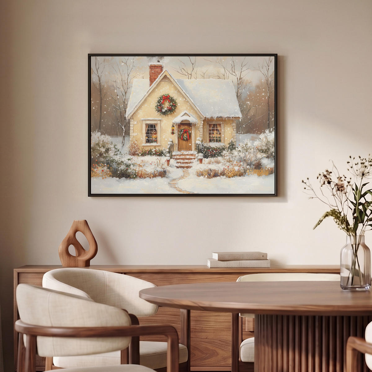 LEINWAND Bilder mit Rahmen - Weihnachten - Zuhause - Winter - Schnee - 70x50 - Creme, Textil (70/50cm) - MuchoWow