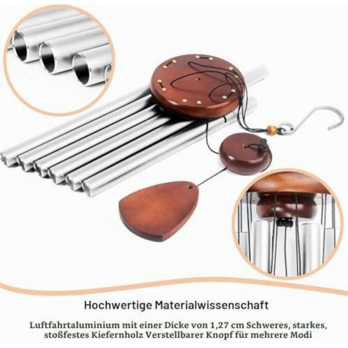 WINDSPIEL Aluminium 65 cm Silber 6 Röhren - Silberfarben, Metall (65/10/10cm)