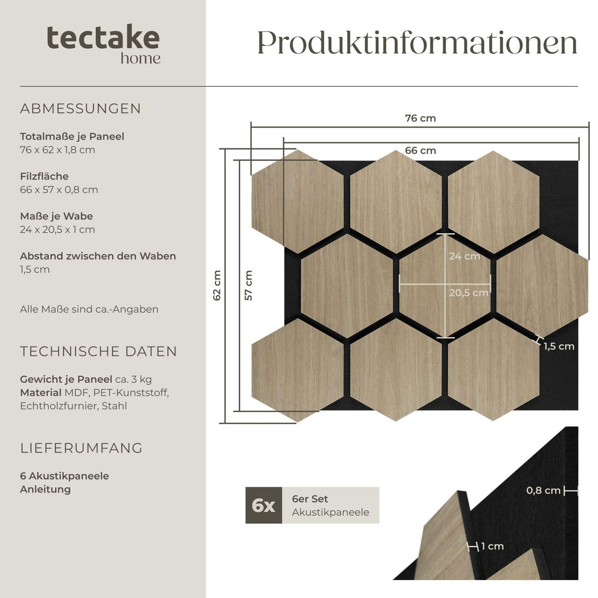 AKUSTIKPANEELE Sonic Shield, je 76 x 62 x 1,8 cm, Größe flexibel anpassbar, Eiche dunkel - Wildeiche, Holz (62/1.8/76cm) - tectake