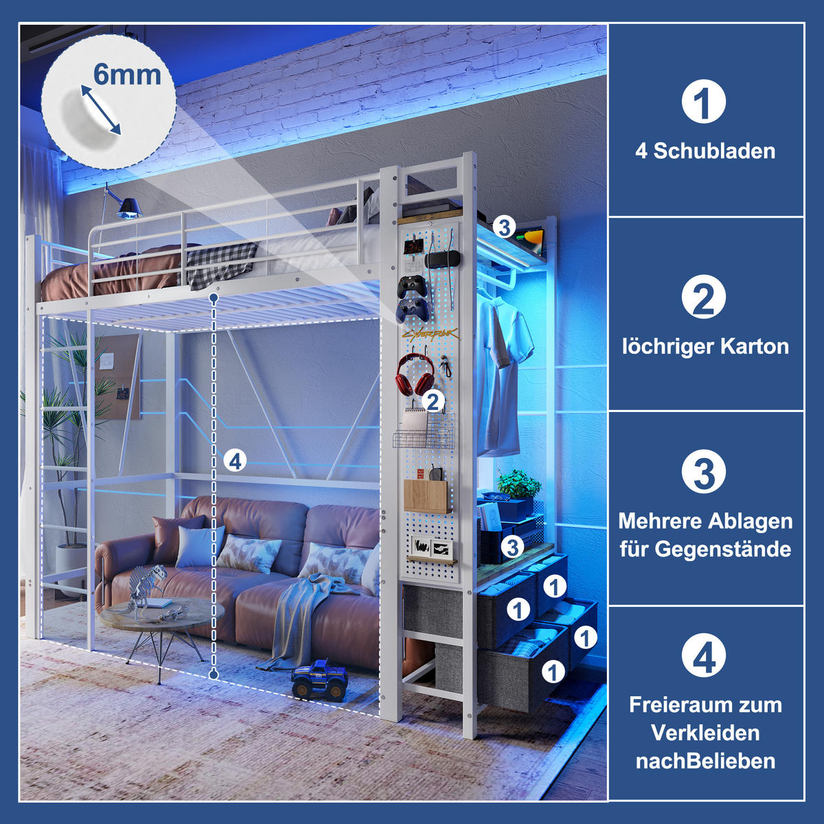 HOCHBETT 90/200 cm Eisenrahmen mit 4 Schubladen und USB-Anschluss ohne Matratze - Weiß, Metall (90/200cm) - OKWISH